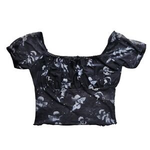 dELiA*s Cherub Angel Mesh Crop Top Black Milkmaid Lace Trim Y2K Small